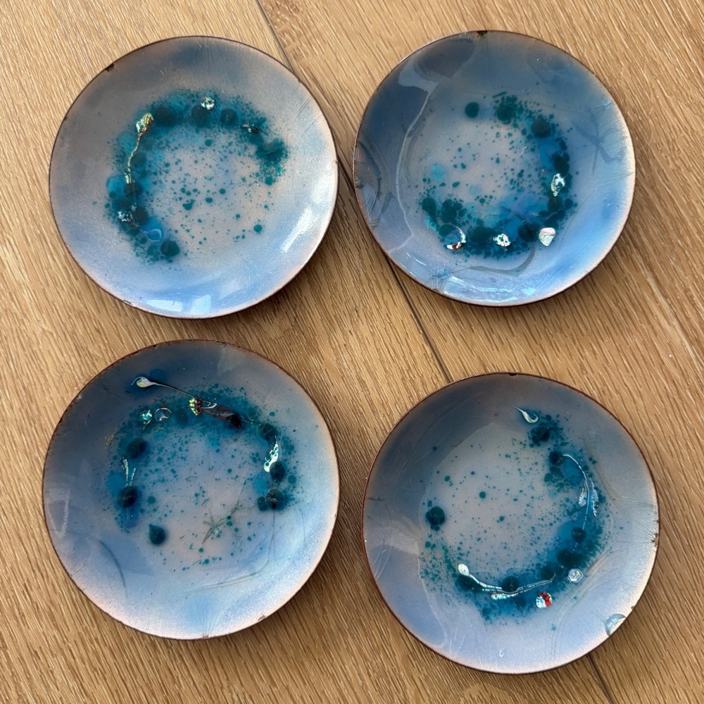 Set of 4 Vintage Enamel on Copper Blue Teal Iridescent Trinket Dishes 5" signed